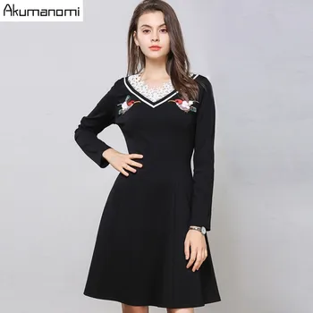 

Autumn Dress Women Clothing Black Lace V-neck Full Sleeve Bird Appliques A-line Spring Dress Plus Size 5xl 4xl 3xl 2xl Xl L M