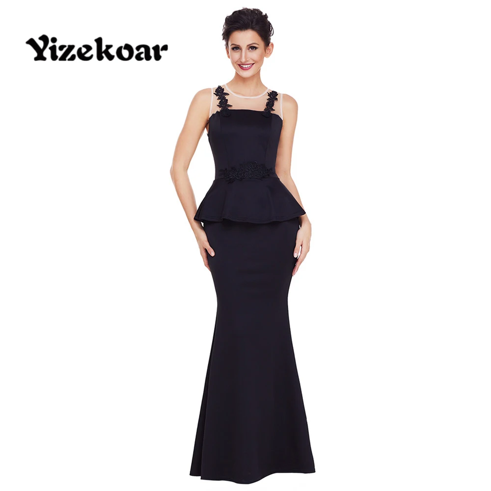 Yizekoar 2018 новые элегантные длинные макси платье черный тонкий Floral Applique Mesh Вставить