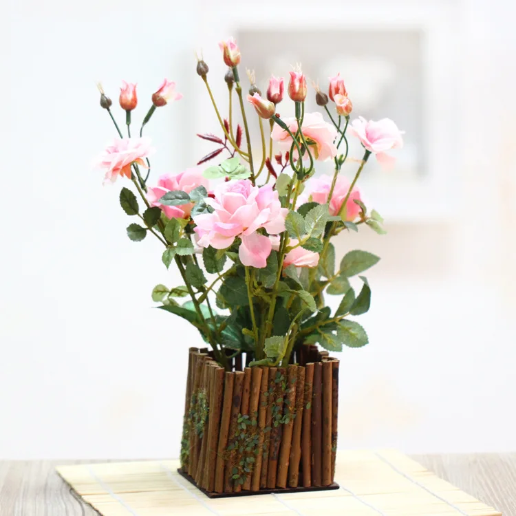 Деревянный забор бонсай искусственные розы цветы с вазой набор в горшках поддельные цветы настольные домашние декоративные растения - Цвет: pink