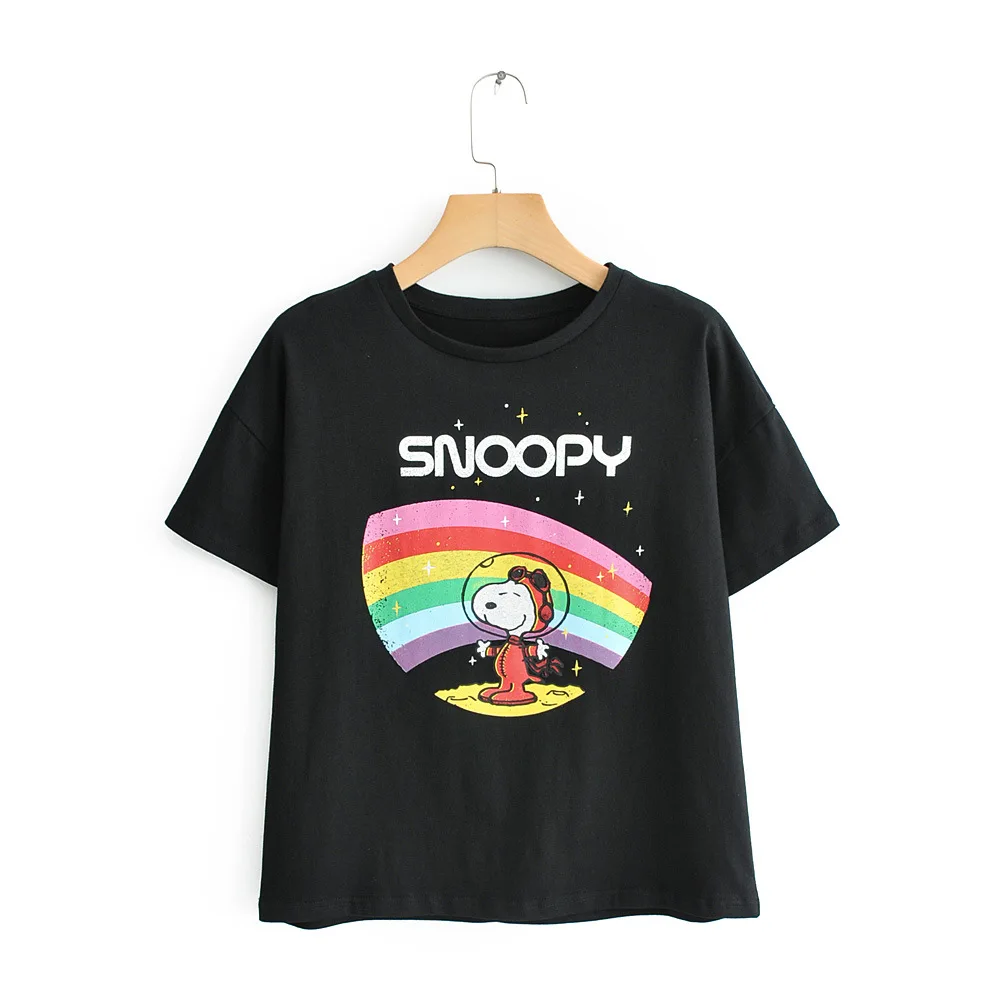 

2019 Women Black T Shirt Cartoon rainbow Snoopy print Tee Summer Casual O neck Short sleeve Letters Shirt Female Tops C892
