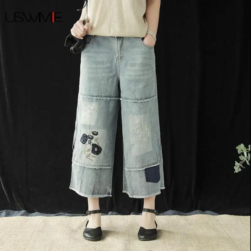 

2019 Summer Trousers Women Literary Embroidered Elastic Waist Zipper Pockets Plus Size Comfort Burr Nine Minute Wide Leg Pants