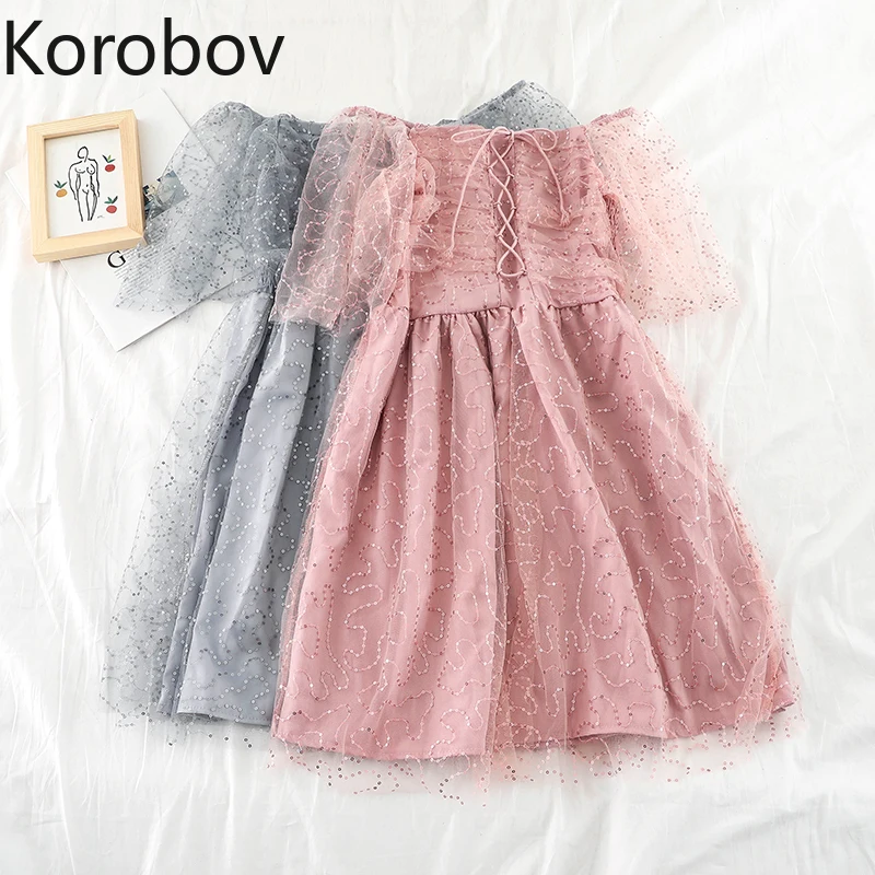 

Korobov Sexy Off Shoulder Slash Neck Korean Women Dresses Mesh Patchwork Elegant Beach Dress Short Sleeve Bandage Vestidos 77816