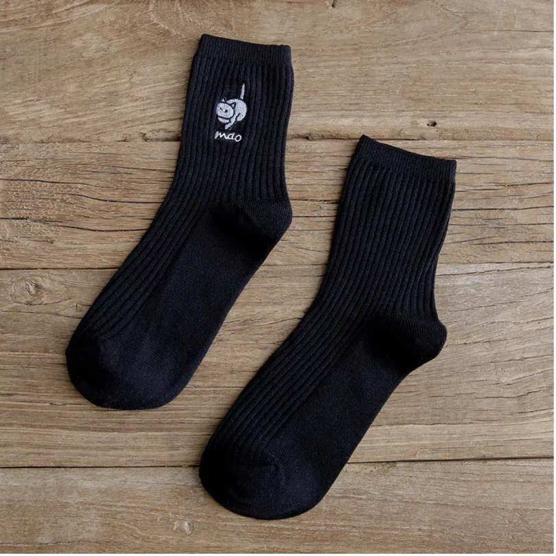 PEONFLY 2018 Autumn Winter New Embroidery Cartoon animal Kitty Socks Woman Fashion Japanese harajuku Double Needle Stripes Socks