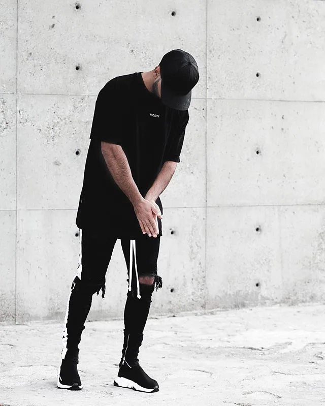 70% OFF Skinny Jeans Men Hip Hop Stripe Elastic Slim Fit Denim Pants Male Stretchy Pencil Bottoms street Knee Ripped Holes Jean