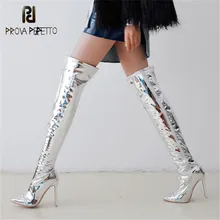 Prova Perfetto/модные серебристые ботфорты выше колена; женские сапоги с острым носком на тонком высоком каблуке; зимние теплые высокие сапоги; большие размеры 30-48