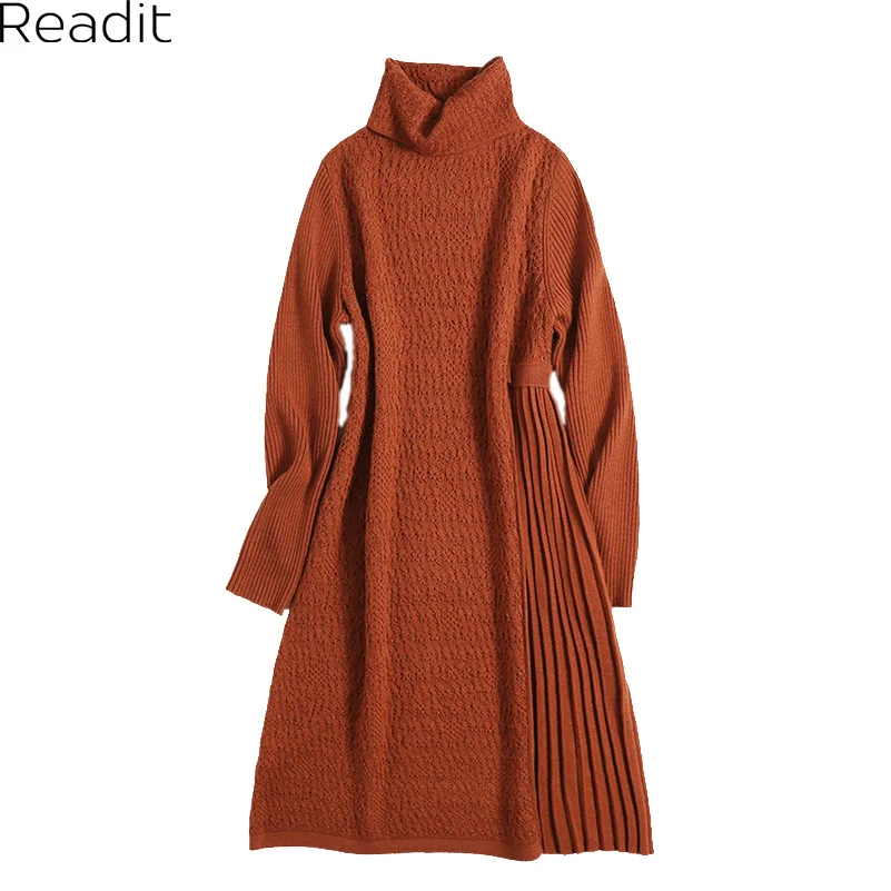 Readit Patchwork Dress 2017 Autumn Winter Woman Dress Casual Knitted Dress Long Sleeve Turtleneck A Line