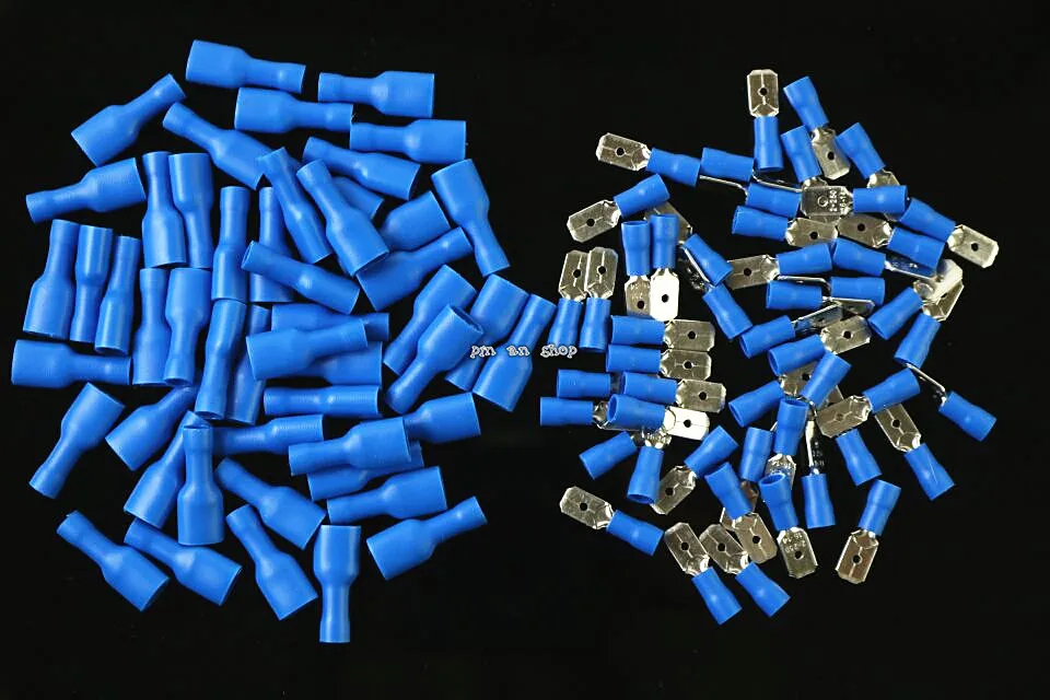 100 PCS azuis 16-14AWG Duplas Spade Crimp Splice Terminal Conector Do Cabo de Fio Masculino/Feminino Kit Duplas Spade Conectores