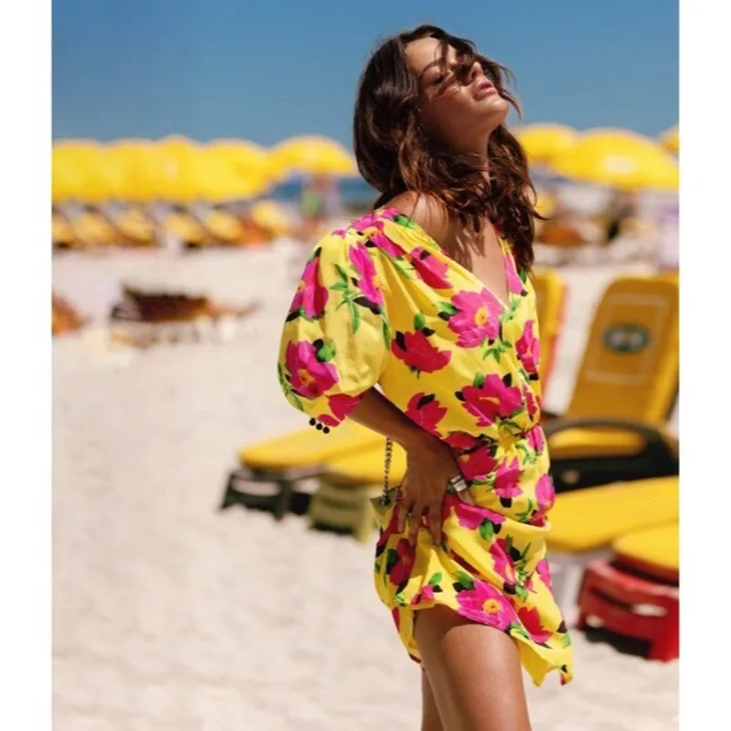 

100% Silk Mini Dress Floral Women V-neck Short Dresses Short Sleeve Clothes