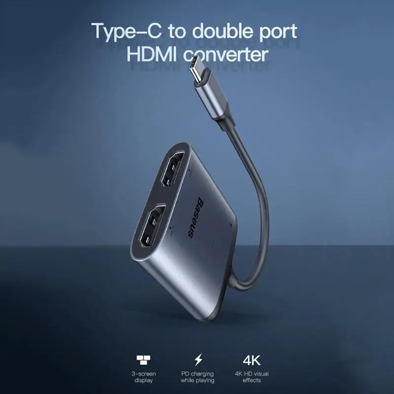  Baseus 4K USB C to HDMI Adapter Type-C to Dual HDMI Dispaly PD Fast Charge Adapter HUB Docking Stat
