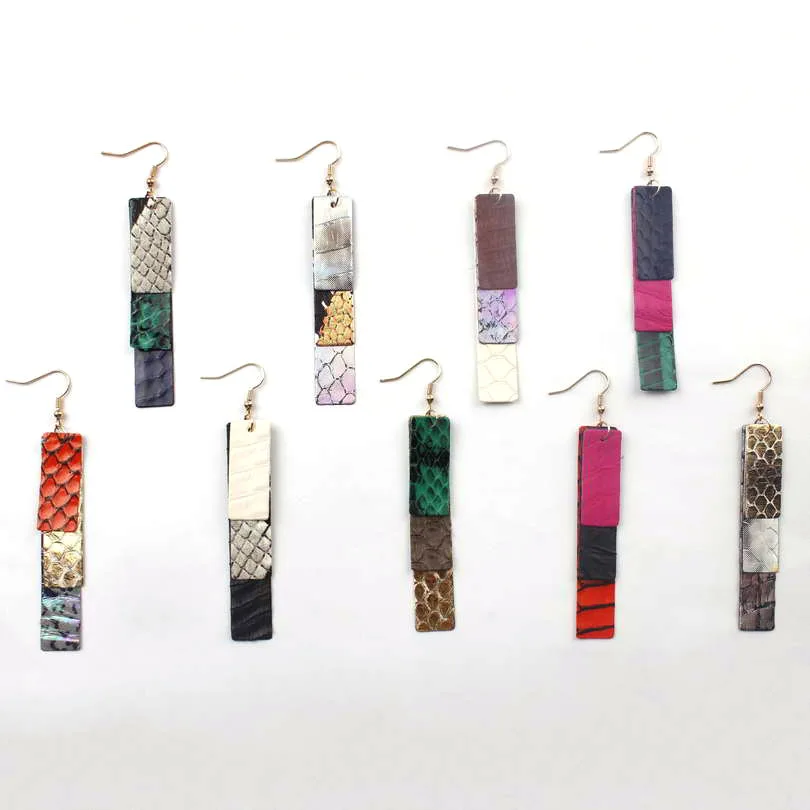

ZWPON 2019 Genuine Leather Triple Vertical Bar Earrings for Women 2019 Fashion Crozzling Pattern Leather Earrings Jewelry