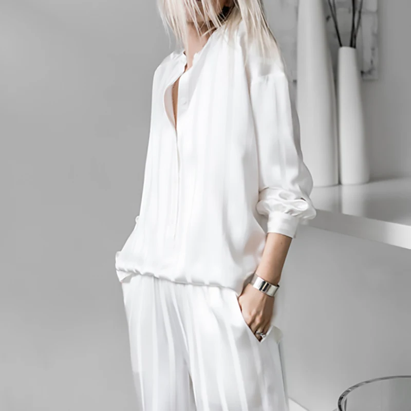 [EAM] Новинка, Осень-зима, круглый вырез, длинный рукав, белые полосатые свободные широкие штаны, костюм из двух частей, женский модный костюм JU253 - Цвет: white