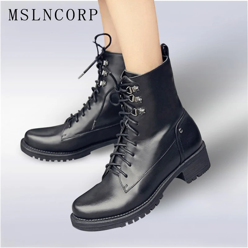 

Plus Size 34-43 Genuine leather Women Ankle Boots Spring Autumn Shoes Fashion Female Motorcycle Boots mujer Lace Up Martin Boots