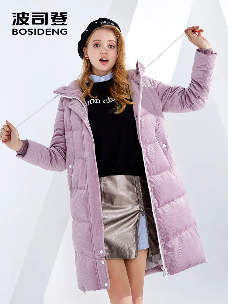

BOSIDENG women down jacket winter thicken long down coat corduroy sweet casual wear preppy style morandi color B80141550DS