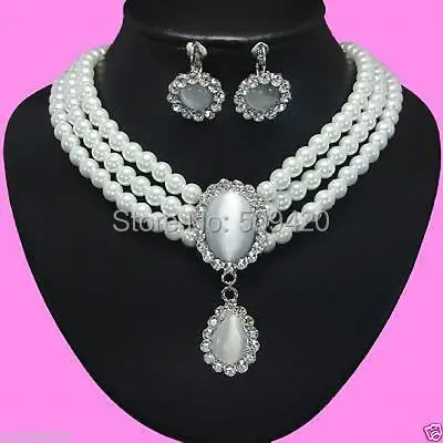 

Wholesale jewe217>>Beautiful White Opal Pendant 3 Rows Wht Pearl Necklace Earring