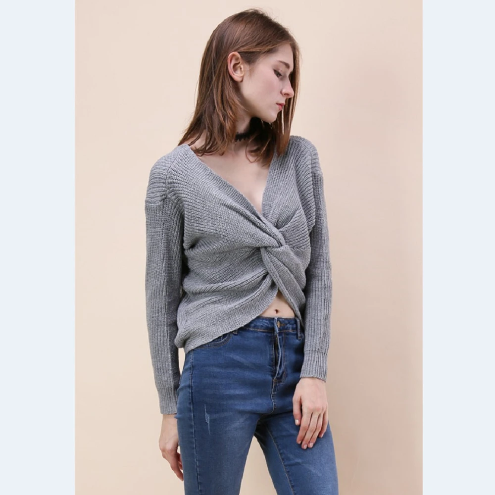 Two Wear V-Neck Knotted Halter Long Sleeve Sweater Women Sexy Twisted Jumpers Pullovers Ladies Tops Knitted Sweaters Pull Femme