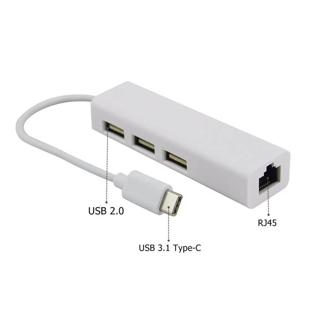 USB Type C концентратор с 3 портами 2 0 + Rj45 Ethernet 10/100 Мбит/с Lan адаптер Micro сплиттер для ПК