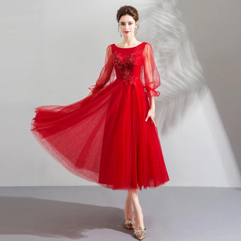 AXJFU/красное кружевное вечернее платье принцессы с цветочным узором и бантом, винтажное красное вечернее платье с круглым вырезом