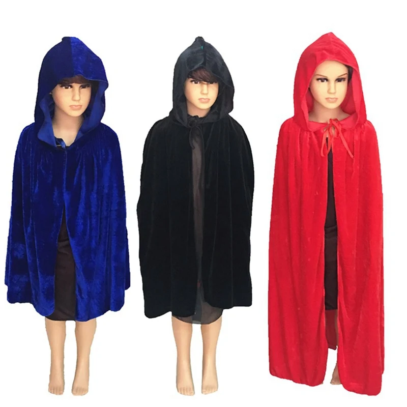 

Child Black Velvet Hooded Vampire Cape Cape Halloween Party Cloak Size S-L Cosplay Death Gothic Kids Cloak
