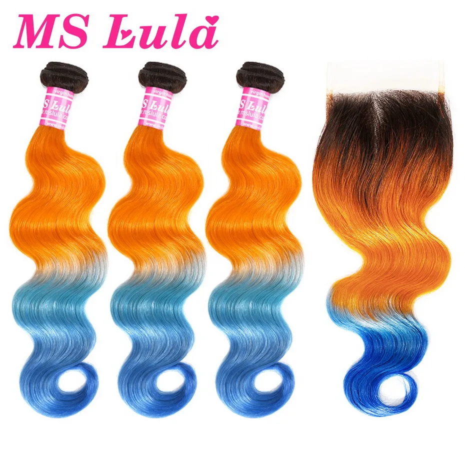 

MS Lula Brazilian Body Wave 3 Bundles With 4x4 Closure Ombre Orange&Blue Remy Human Hair Weave Free Part Closure Hair Extension