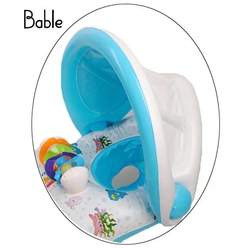 Baby Float Inflatable Swimming Ring With Sunshade Swimming Seat Pool Accessories Double Ring Design Fun Zwemband Baby Toy Blue
