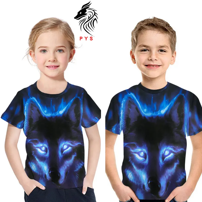 

hot New 3D wolf digital print children's short-sleeve T-shirt boys round collar girls 'tops t shirt girls christmas shirts
