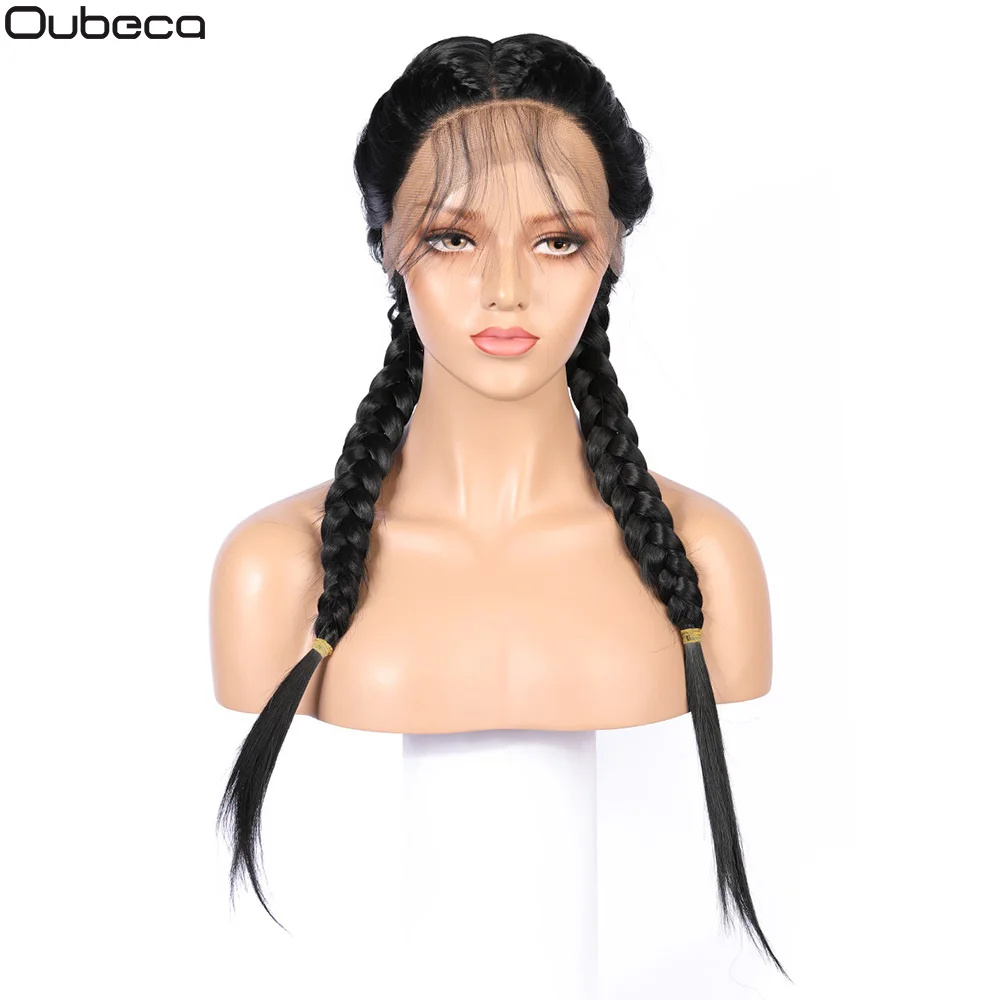 Oubeca Синтетические длинные Сенегальские скрученные косички кружевные передние парики с детскими волосами средняя часть Черная Плетеная прямая шнуровка, парики для женщин - Цвет: # 1B