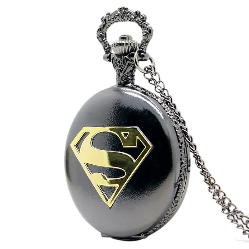 Long Necklace Chain Men Boy Black Case Superman Pocket Watch New Quartz Hero Mark S Pendant 2