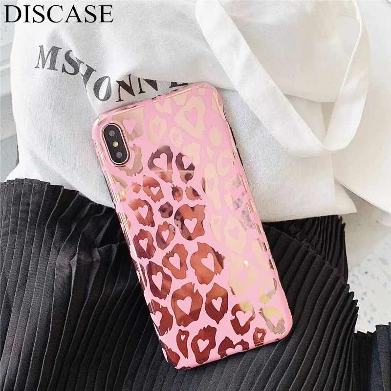 

DISCASE Fashion Bronzing Leopard Phone Case For iphone XR XS MAX 8 7 6 6s plus X Small Love IMD Glossy All-inclusive Soft Funda
