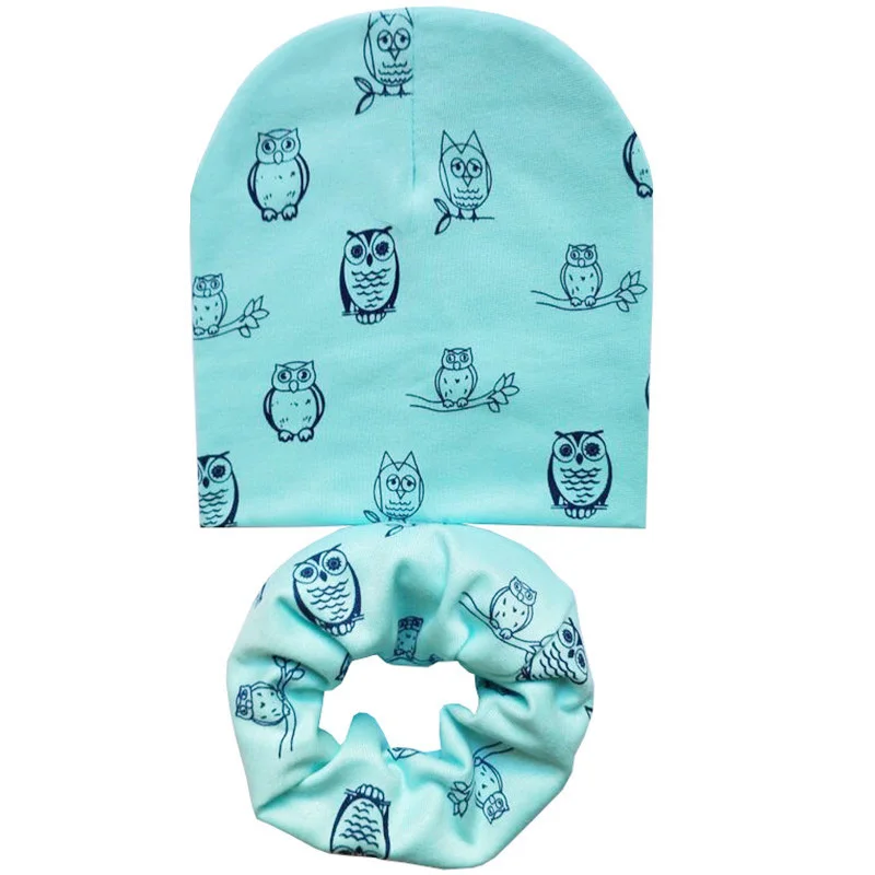 Green Owl Set Новая осенне-зимняя детская шапка, комплект для мальчиков и девочек, шарф на шею, весенний теплый шейный платок, детские вязаные шапки, комплекты, хлопковая детская шапка, шарф - Цвет: Green Owl Set
