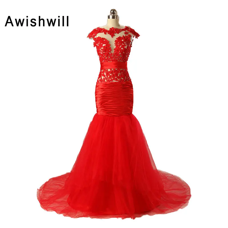 

Hot Sale Abiti da Cerimonia da Sera Open Back Cap Sleeve Lace Tulle Mermaid Party Prom Dresses Gowns Long Red Evening Dress