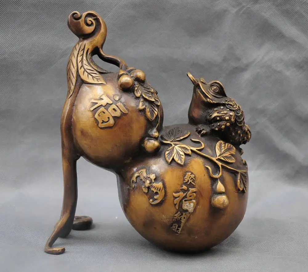 

SS 10'' China Fengshui Lucky Gourd Calabash Toad Coins Bat Bronze Statue