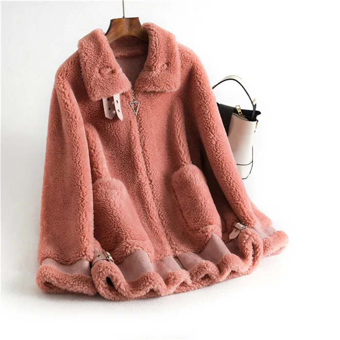 Pudi/зимняя женская шуба из 30% натуральной шерсти теплая куртка с воротником и пряжкой шубы из овечьей шерсти для девочек Женская длинная куртка OMS912 - Цвет: blush pink