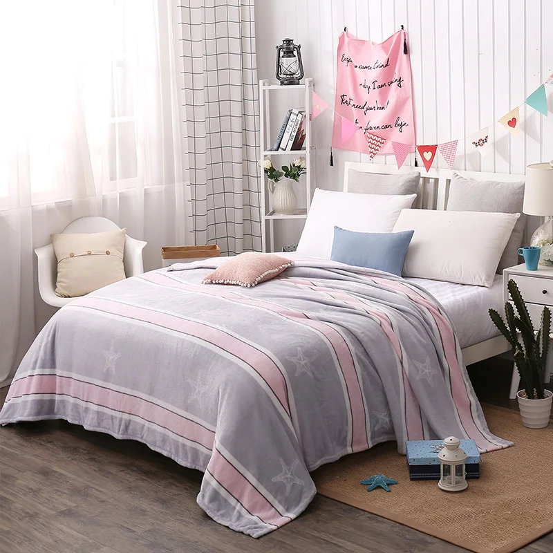 

SOFT BEDCLOTHES BLANKETS Pink Gray Stripe Print Flannel Blanket Coral Velvet Blanket