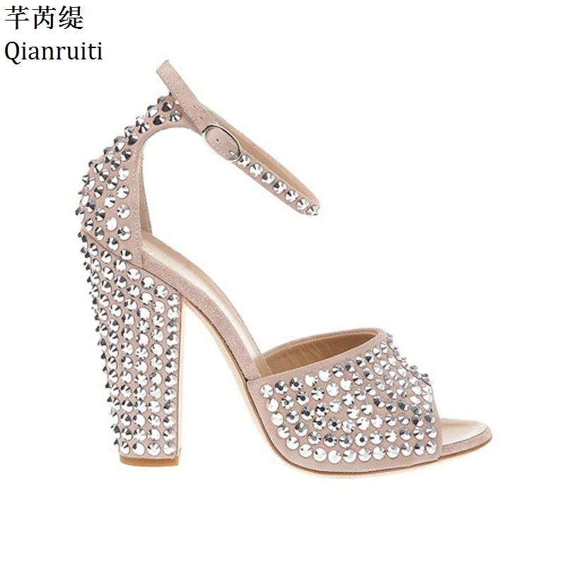 

Qianruiti Silver Studded Rivets Block Heels Women Sandals Beige Ankle Buckle Strap Women Pumps Peep Toe High Heels Women Shoes