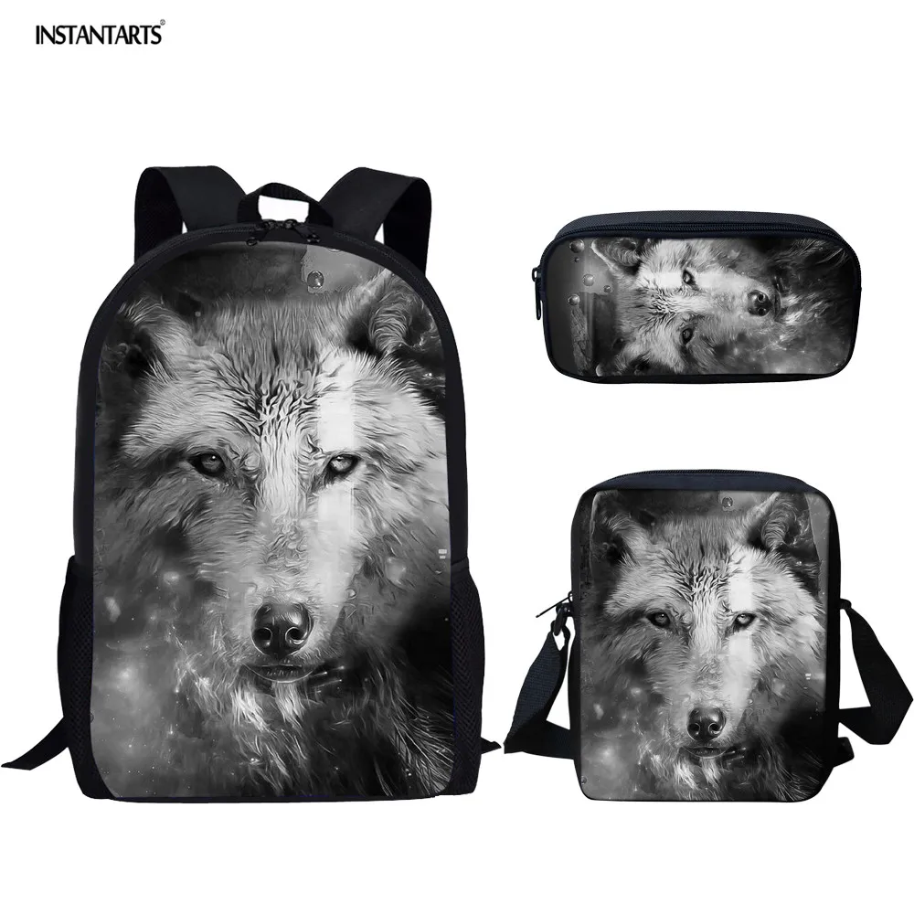 

INSTANTARTS Schoolbag 3D Wolf 3pcs Set Backpack for Teenager Girl Boy Laptop Rucksack Kid Children Set School Bag Crossbody Bag