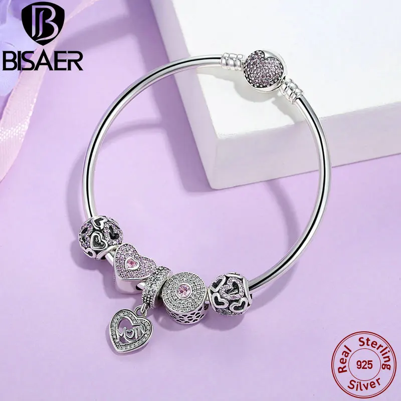 

BISAER 925 Sterling Silver Heart Bangles & Bracelets for Women Mom Pendant Pink Heart Bracelets Authentic Silver Jewelry EDB002
