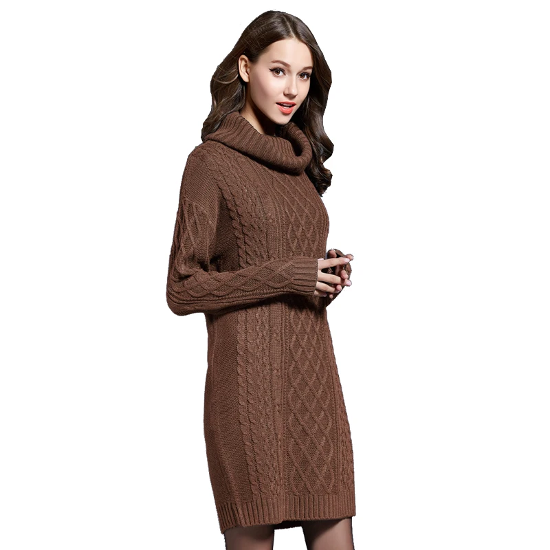 Осенне-зимний женский свитер, повседневный винтажный однотонный теплый черный свитер с высоким воротом, женский вязаный свитер большого размера с длинным рукавом - Цвет: Коричневый