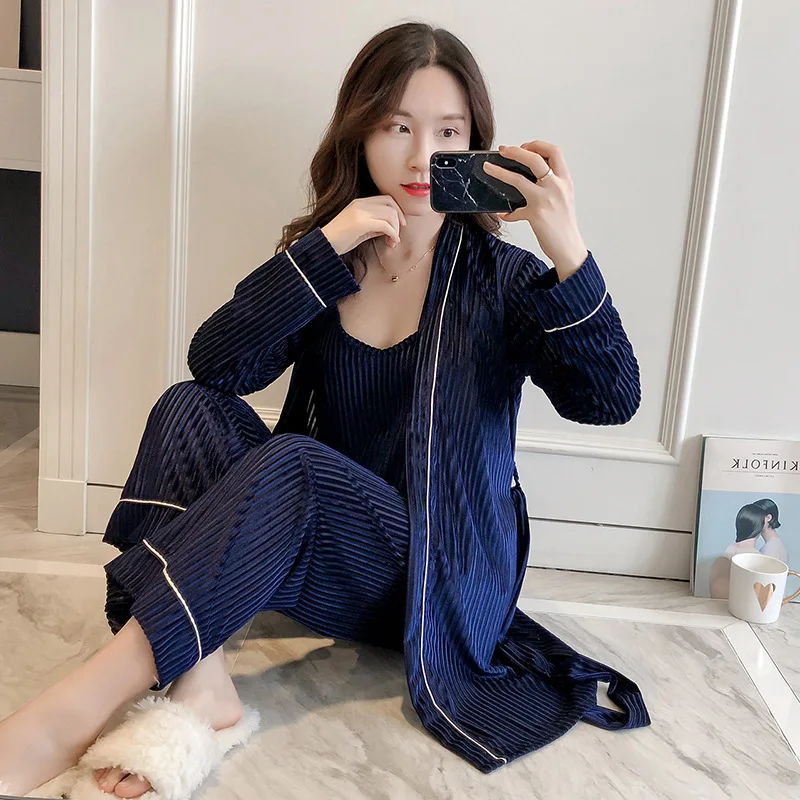 

NEW Womens Velour 3pcs Strap Top Pants Suit Robe Sleepwear Sets Casual Home Wear Pajamas Sexy Nightwear Sleep Kimono Bath Gown