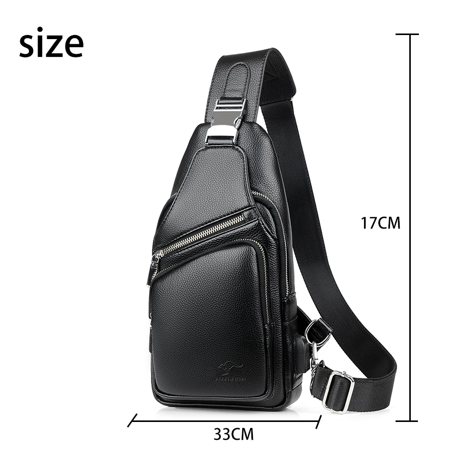 2021 Jackkevin Fashion Mens Shoulder Bag Burglarproof Black Leather Mens Chest Bag USB Charging Crossbody Bags Travel Bag