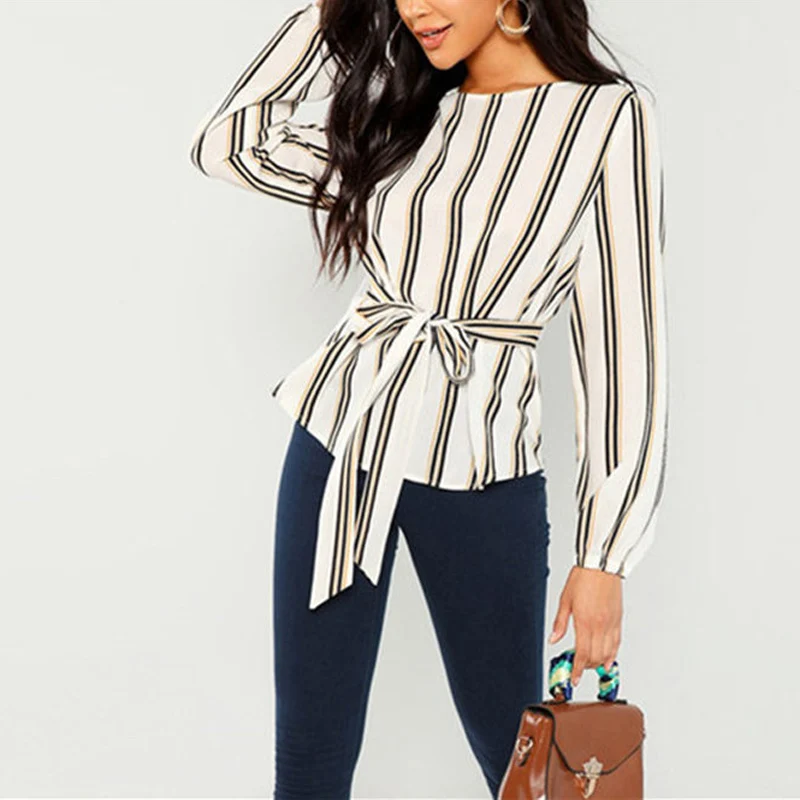 المرأة بلوزة شيفون قميص 2019 الإناث ملابس طويلة الأكمام Blusas الشيفون المرأة مكتب البلوزات طباعة مخطط نقطة سيدة C0567