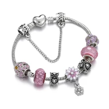 Серебряный браслет-цепочка в виде змеи и браслеты для женщин, розовый кристалл, цветок, корона, подходят к оригинальным бусинам, DIY браслеты, ювелирных изделий