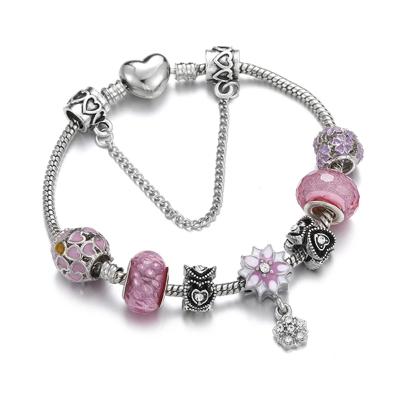 

Silver Snake Chain Charm Bracelet&Bangles for Women Pink Crystal Flower Crown Fit Original Beads DIY Bracelets Wholesale Jewelry