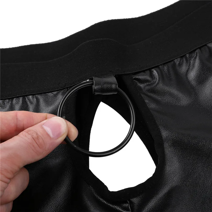 iEFiEL Sexy Gay Men Male Lingerie Soft Faux Leather Cut Out Low Rise Boxer Jockstrap Underwear Underpants with Ball Metal O-ring