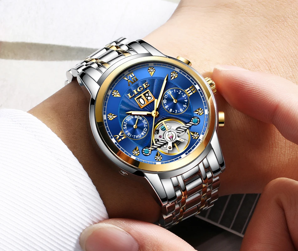 LIGE Men luxury Automatic Mechanical Watch Classic Business Watch Men Tourbillon Waterproof Men Wristwatch Relogio Masculino+Box