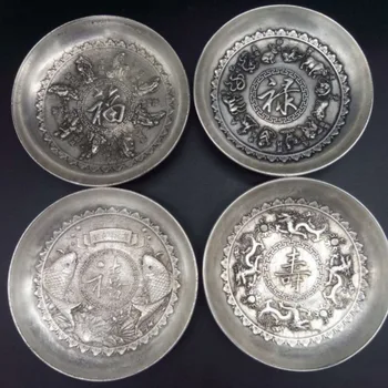 

4PC solid silver outlets Exquisite Old Decorated Handwork Chinese Luck word FU LU XI SHOU dragon Tibetan Silver Plate