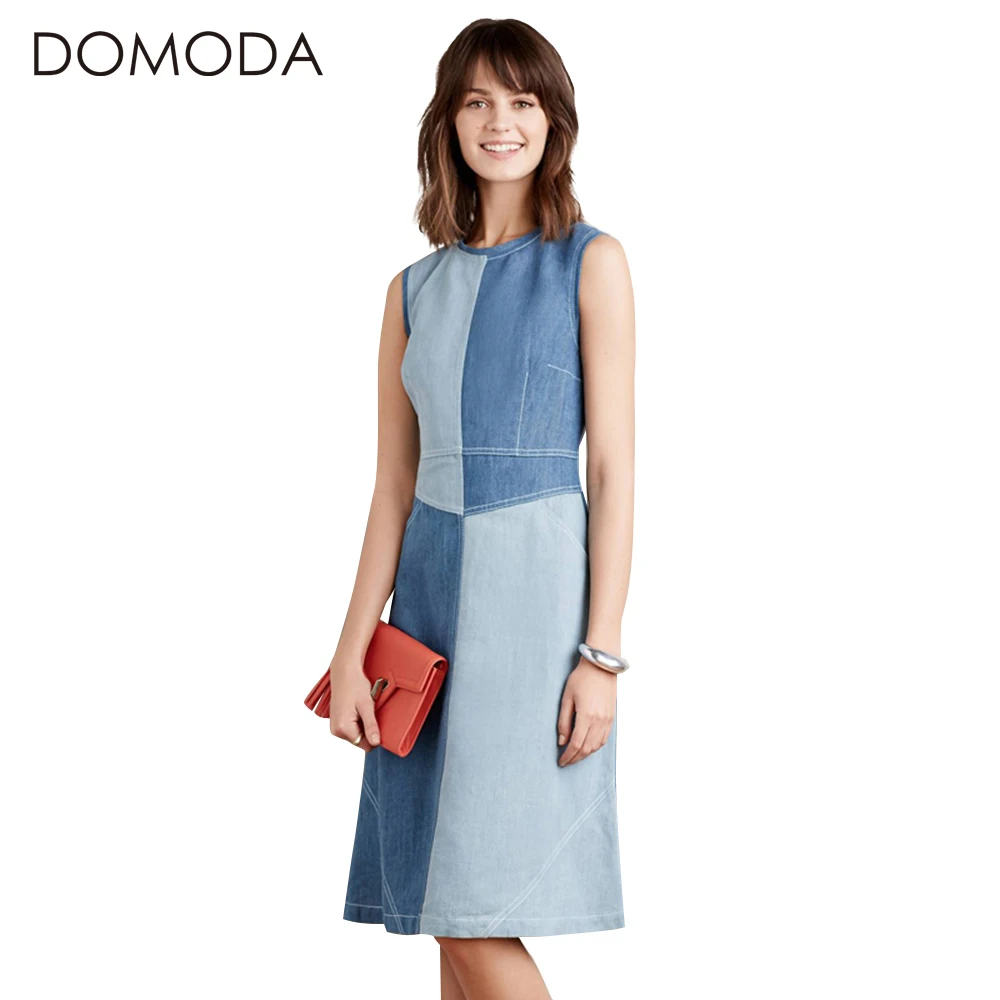 Buy Cheap DOMODA High Waist Denim Brief Summer Dresses Women Vintage Sleeveless Midi Dress Female O-neck Patchwork Casual Vestidos Female