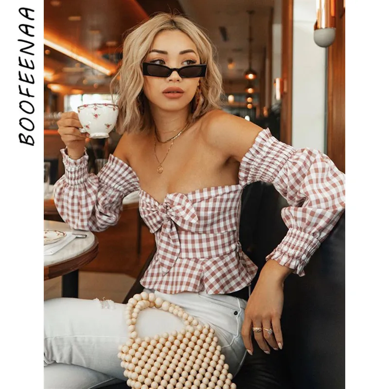 

BOOFEENAA Womens Tops and Blouses Vintage Ladies Bow Ruffle Off Shoulder Long Sleeve Plaid Shirts Sexy Blusas Fall 2019 C76-AC70