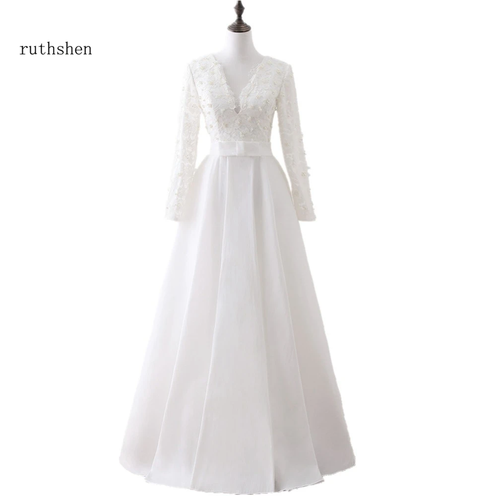 

ruthshen Vestidos De Novias Baratos 2018 Wedding Dresses With Long Sleeves Pearls Ivory Bridal Gowns Robe De Mariage Cheap