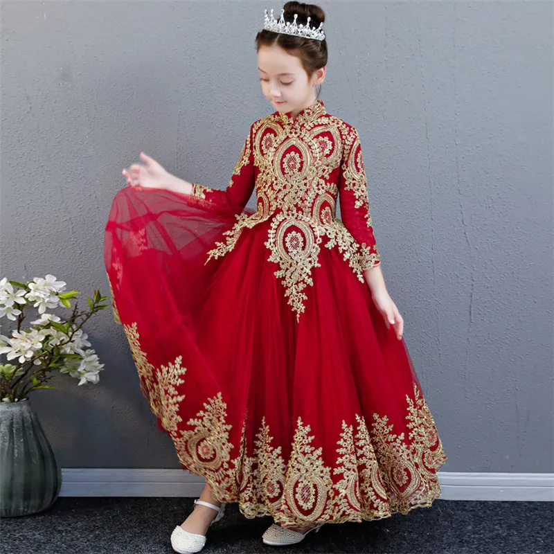 Новинка года; сезон осень-зима; роскошное Красное длинное платье в китайском стиле для дня рождения детское кружевное платье с вышивкой для девочек