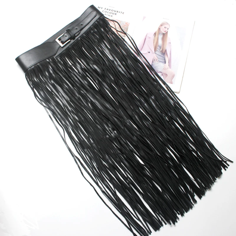 Sexy long fringe leather belts Black Designer ceinture femme Punk Silver Pin Buckle Plus size Tassel Belt Corset Straps women